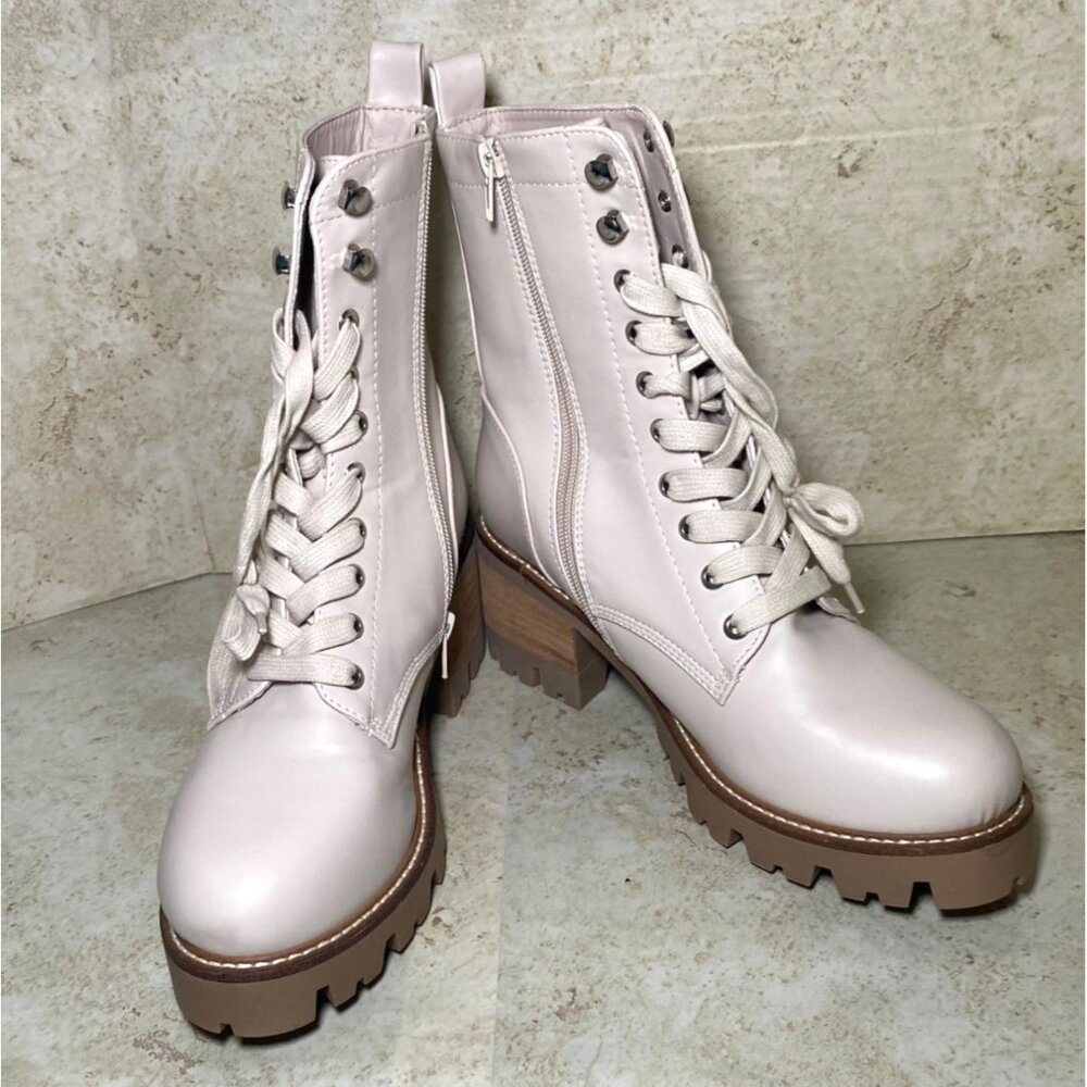 Womens Lace-Up Chunky Heel Combat‎ Boots Beige Faux Leather Lug Sole Side Zipper